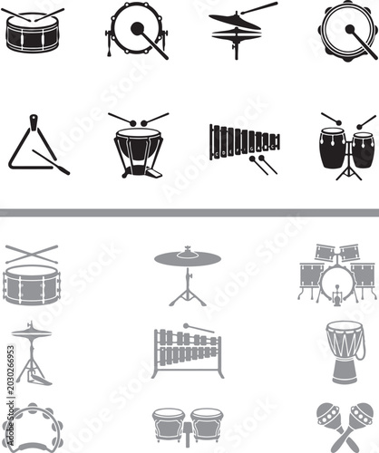 Percussion instrument vector icon set featuring drums cymbals tambourine xylophone and maracas silhouettes