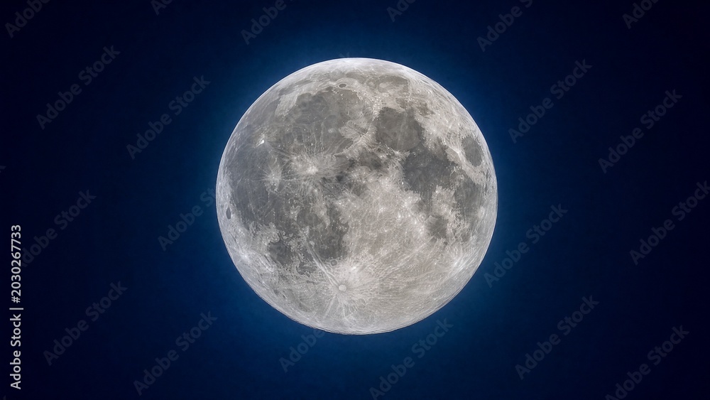 Obraz premium fullmoon. A stunning super moon illuminating the night sky with its detailed surface against a dark blue backdrop. STEM education sheets.
