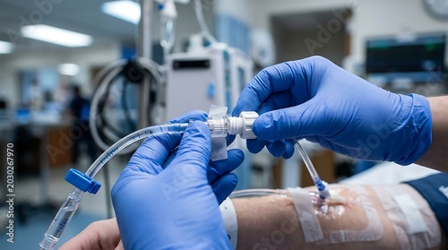 Medical Professional Inserting Iv Line Into Patient Arm in Hospital Setting