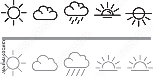 Minimalist weather line icon set featuring sun cloud rain sunrise and sunset symbols for interface design vector illustration