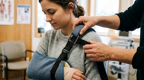 Young Woman Receiving Shoulder Injury Support in Medical Clinic