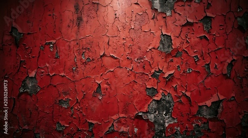 Distressed red wall texture with peeling paint and concrete underlayer