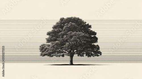 Intricate Sketch of a Tree Surrounded by Minimalist Horizontal Lines on a Soft Neutral Background