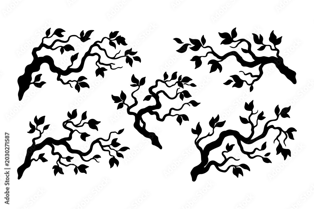 Fototapeta premium Collection of curved tree limb silhouettes, asian style garden graphics, solid black botanical icons isolated for branding or decorative wall stencil.