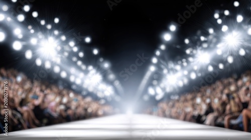 Blurred fashion runway with bright spotlights and audience in luxury show venue. Abstract catwalk background with dramatic lighting, glamorous atmosphere and modern fashion week concept © Emilio