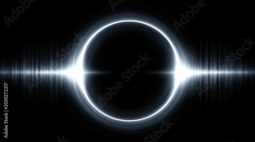 Abstract visual representation of sound waves emanating from a circular center in a dark background with glowing effects
