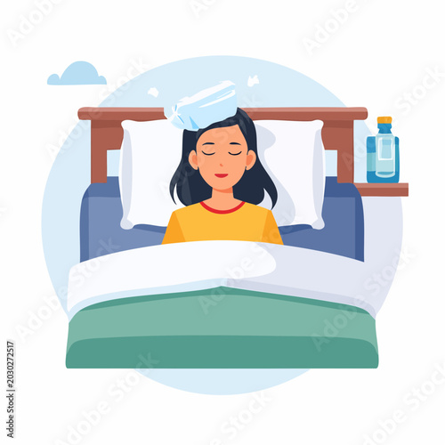 Woman with Ice Pack on Head Lying in Bed
