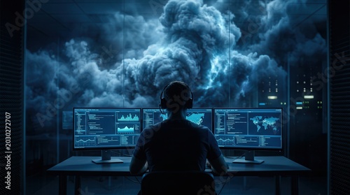 Cybersecurity analyst responding to a data incident with multiple monitors and stormy cloud symbolism.