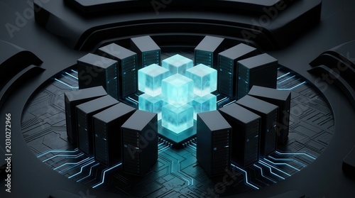 AI infrastructure and compute orchestration concept featuring a glowing central node and modular server racks.
