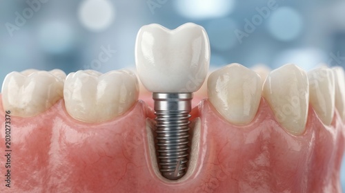 Dental implant therapy concept showing a titanium screw and crown in restorative dentistry.
