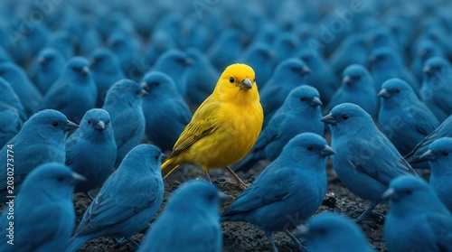 One unique yellow bird amidst a massive group of identical blue birds representing individuality.