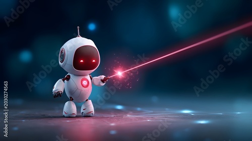 Cute White Robot Shooting a Red Laser Beam in a Futuristic Sci-Fi Setting