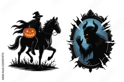Εκτύπωση καμβά Halloween headless horseman with pumpkin and demonic figure in mirror, halloween