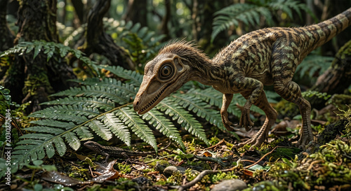 A dynamic eye-level shot of a Compsognathus frozen mid-stalk, its gaze locked onto a small lizard hiding under a giant fern leaf on a sunlit forest floor. 