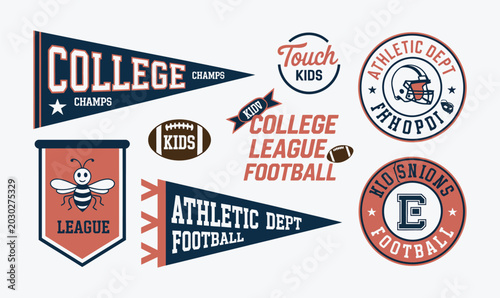 College football pennant flags and athletic badges vector set for kids apparel t-shirt design