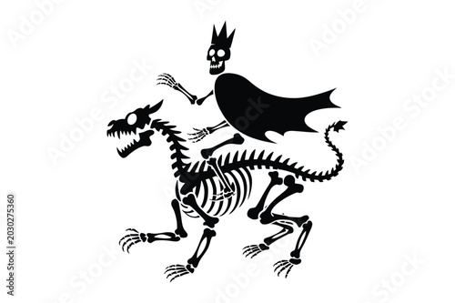 Skeleton rider on a skeleton horse with a cape and crown skeleton illustration