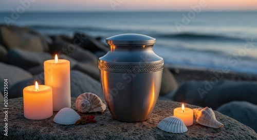 A dignified cremation urn rests on a rocky beach at sunset, surrounded by memorial candles and seashells, symbolizing remembrance and eternal peace by the ocean.