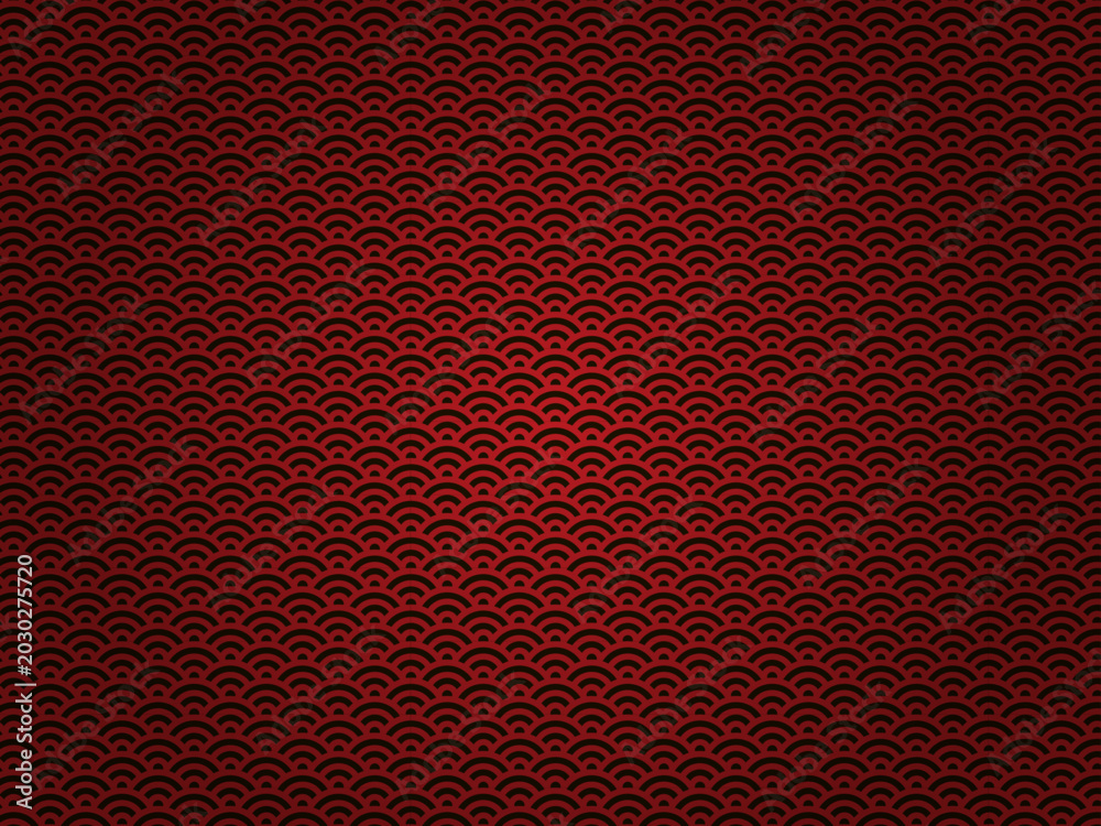 Fototapeta premium Luxury Red Japanese Pattern Background: Seamless Crimson Seigaha Ocean Wave Geometric Texture Vector Illustration with Radial Gradient for New Year and Oriental Design