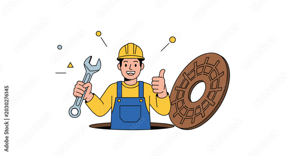 Naklejka premium Smiling construction worker in blue overalls and a yellow hard hat gives a thumbs up while holding a large silver wrench.