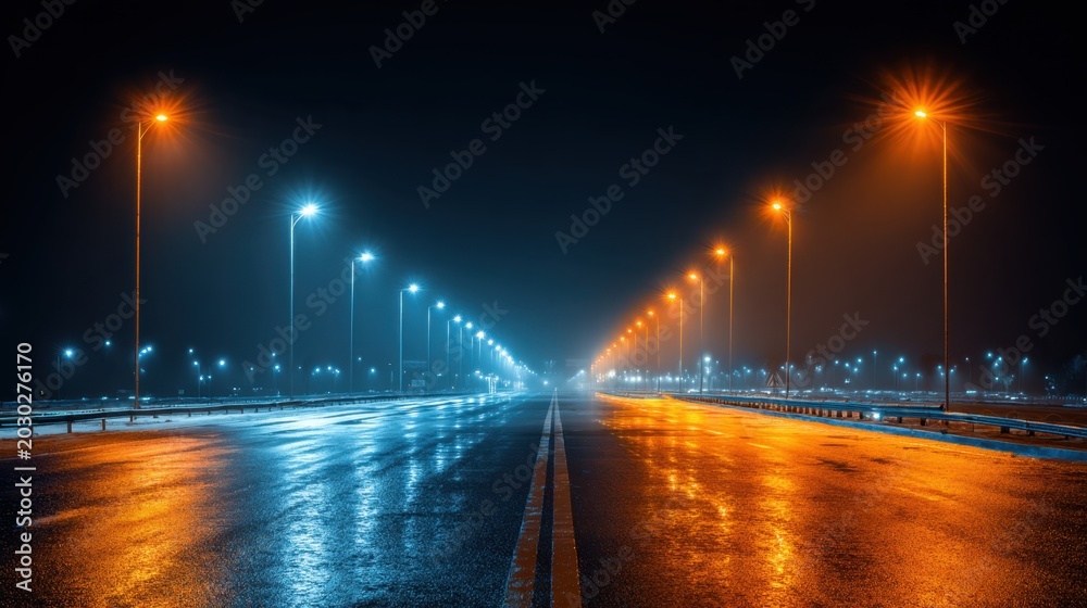 Fototapeta premium Nighttime Road with Illuminated Streetlights and Reflections on Wet Asphalt in Urban Environment