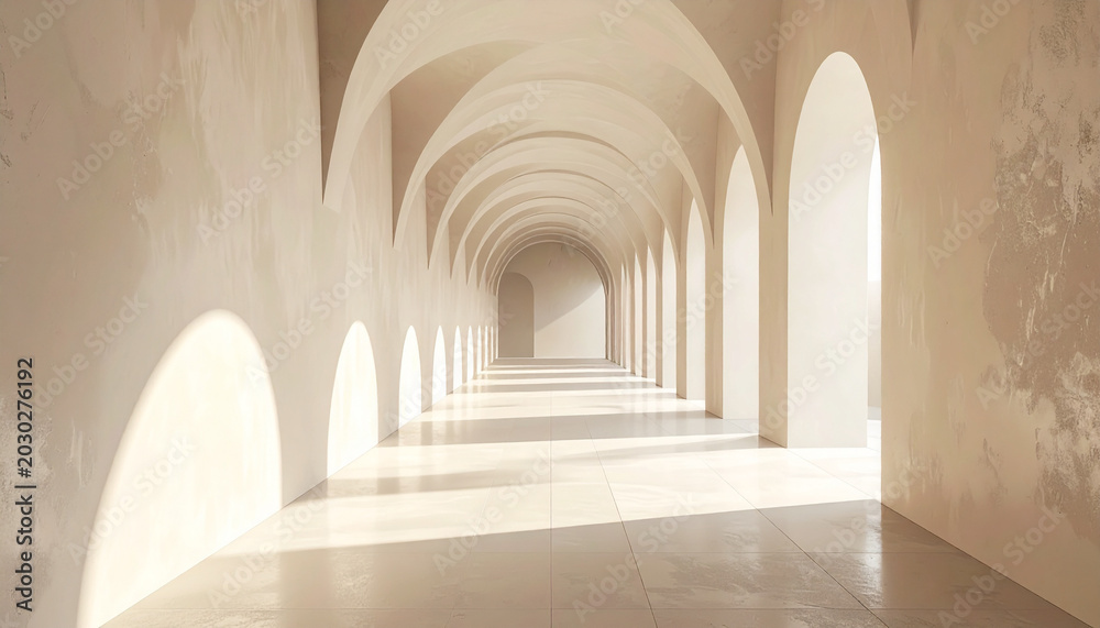 Fototapeta premium Elegant arched corridor bathed in sunlight creating a sense of spaciousness and depth