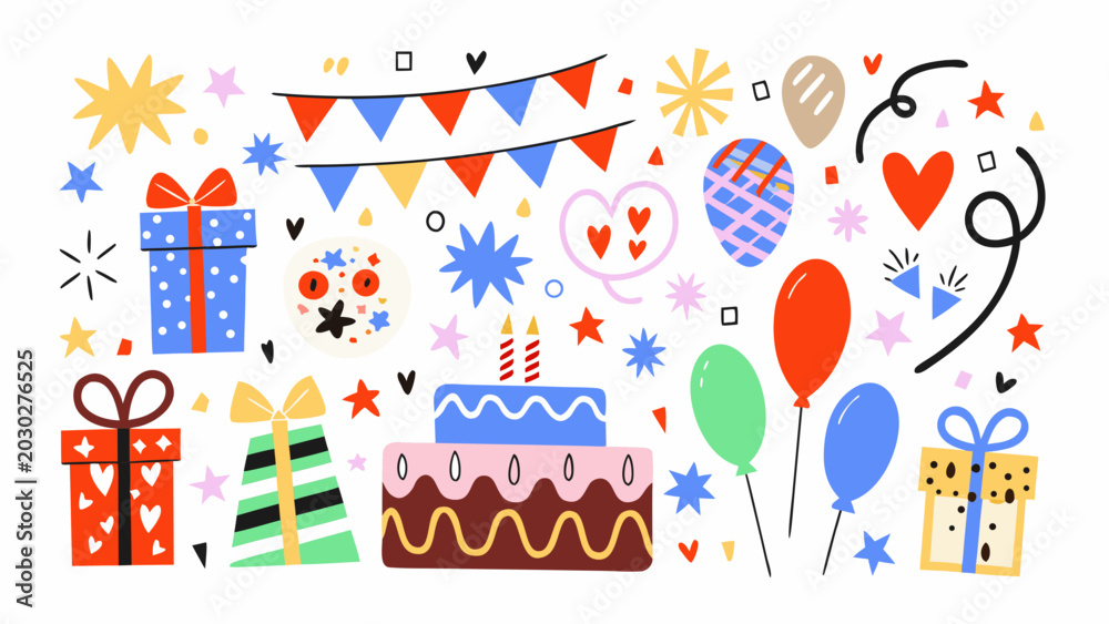 Fototapeta premium festive party elements illustration with balloons cake and gifts