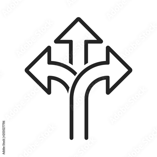 Direction choice arrow, Multiple path decision symbol, Road navigation vector graphic