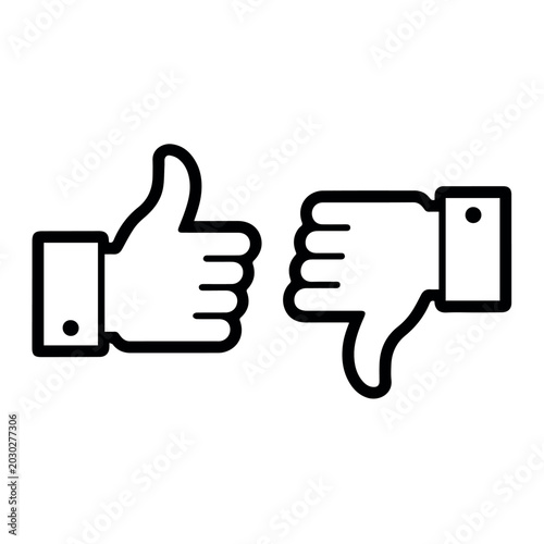Thumbs up and thumbs down hand gesture line icon set isolated black outline feedback rating review and customer response concept design