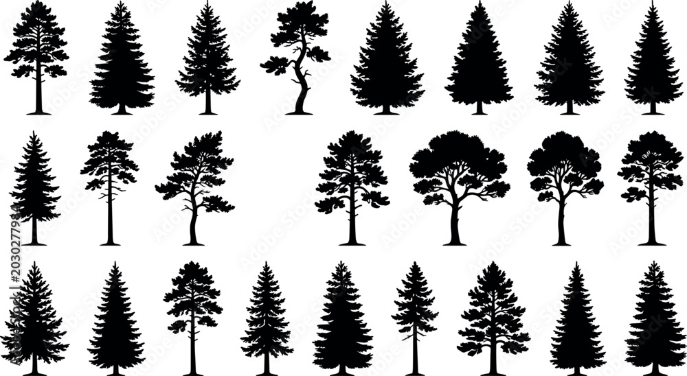 Fototapeta premium Black Forest Tree Silhouette Icon Set Minimal Vector Illustration For Woodland Nature Landscape And Outdoor Design Elements