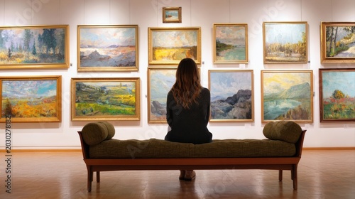 Rear view of young woman sitting on couch and looking at paintings on the wall, she enjoying art in gallery