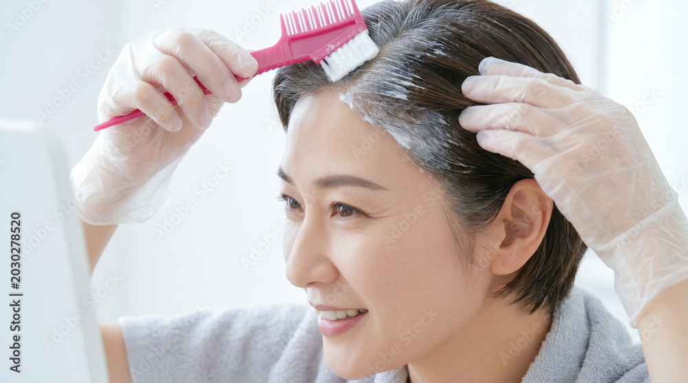 Naklejka premium 白髪染めをするミドル女性 自宅でヘアカラーや髪のセルフケア・エイジングケアをする様子