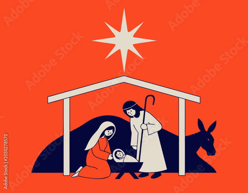 Modern Flat Nativity Scene Vector with Holy Family and Star of Bethlehem