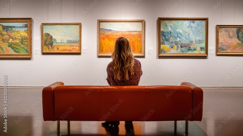 Fototapeta premium Rear view of young woman sitting on couch and looking at paintings on the wall, she enjoying art in gallery