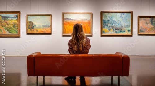Rear view of young woman sitting on couch and looking at paintings on the wall, she enjoying art in gallery