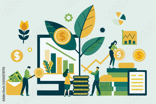 Financial growth concept with people plants and data visualization