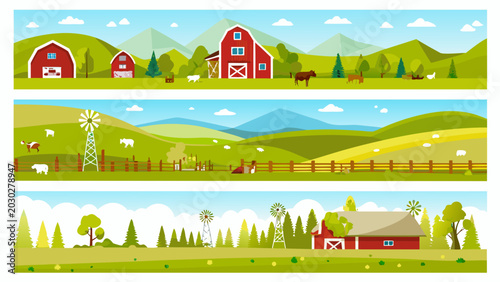 Canvas-taulu Three idyllic farm scenes depict rural life with barns animals and fields