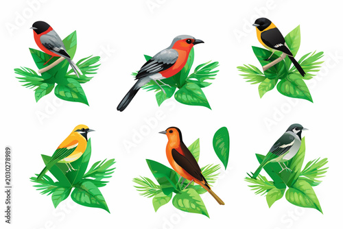 Foto Colorful songbirds perch amongst lush green foliage in a vector illustration