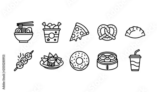 Modern street food outline icon set fast food and snack vector isolated on white background