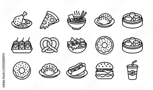 Foto Street food outline icon set pizza ramen donut and snack vector isolated on whit
