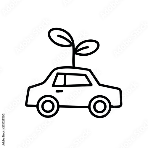 Eco friendly small car with leaf line icon isolated black outline green transportation symbol for electric vehicle sustainable energy and environmental travel concept