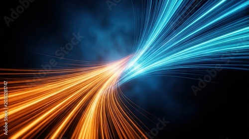 Dynamic orange and blue light rays showing transition and change management concepts.