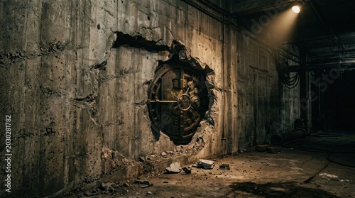 A large, weathered vault door is embedded into a crumbling concrete wall. The door is partially open, revealing a complex, ornate locking mechanism.