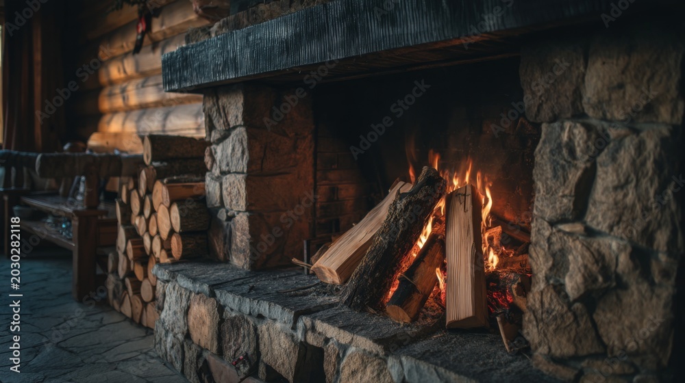 Fototapeta premium Cozy Cabin Interior with Stone Fireplace, Warm Fire, Smoke, Logs, Winter Retreat, Soft Lighting, Wood Paneling, Relaxing Atmosphere, Woodland Decor