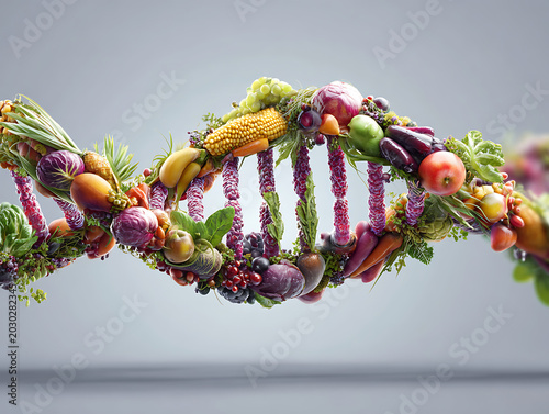 Colorful DNA strand model with fruits and vegetables representing genetic diversity in science