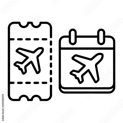 Airplane ticket and travel calendar line icon set isolated minimal black outline vacation booking transport journey and tourism planning symbols for trip schedule concept