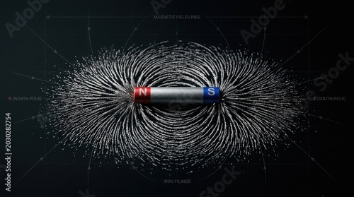 The image depicts a magnetic field surrounding a bar magnet. The magnetic field lines emanate from the north pole (N) and converge towards the south pole (S) of the magnet.