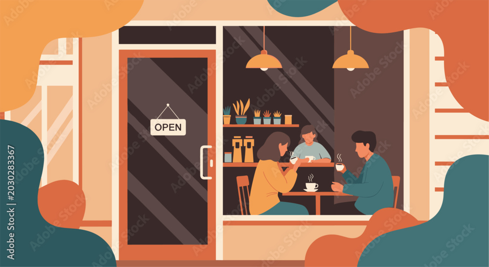 Fototapeta premium Friends or couple sitting at a table inside a warm and inviting coffee shop viewed through the storefront window with an open sign.