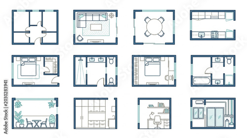 Collection of twelve different floor plan layouts for apartments and houses.