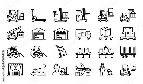 Foto Modern Forklift Outline Icons Collection for Warehouse and Logistics Vector Desi