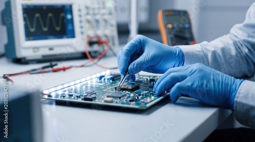 Electronics repair and maintenance concept, technician hands soldering microchip on circuit board with oscilloscope in background, computer hardware troubleshooting and